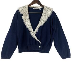 Vintage 80s Sportswear Systems Woman's Blue Knitted Card. w/Cream Lace Collar-M